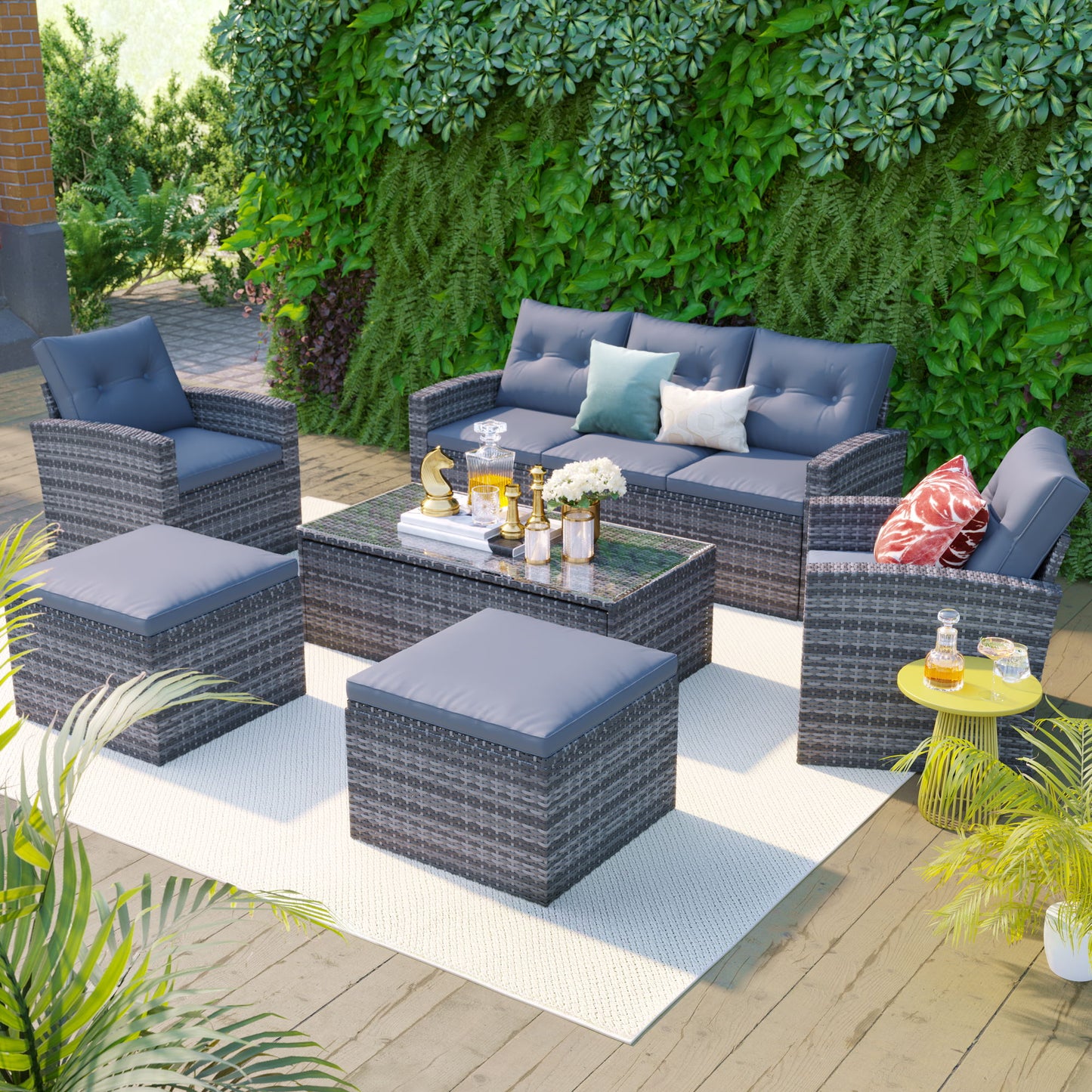 All-Weather Wicker PE Rattan Patio Outdoor Dining Conversation Sectional Set With Coffee Table, Wicker Sofas, Ottomans, Removable Cushions