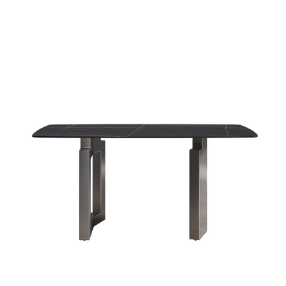 63" Modern Artificial Stone Black Curved Black Metal Leg Dining Table, 6 People - Black