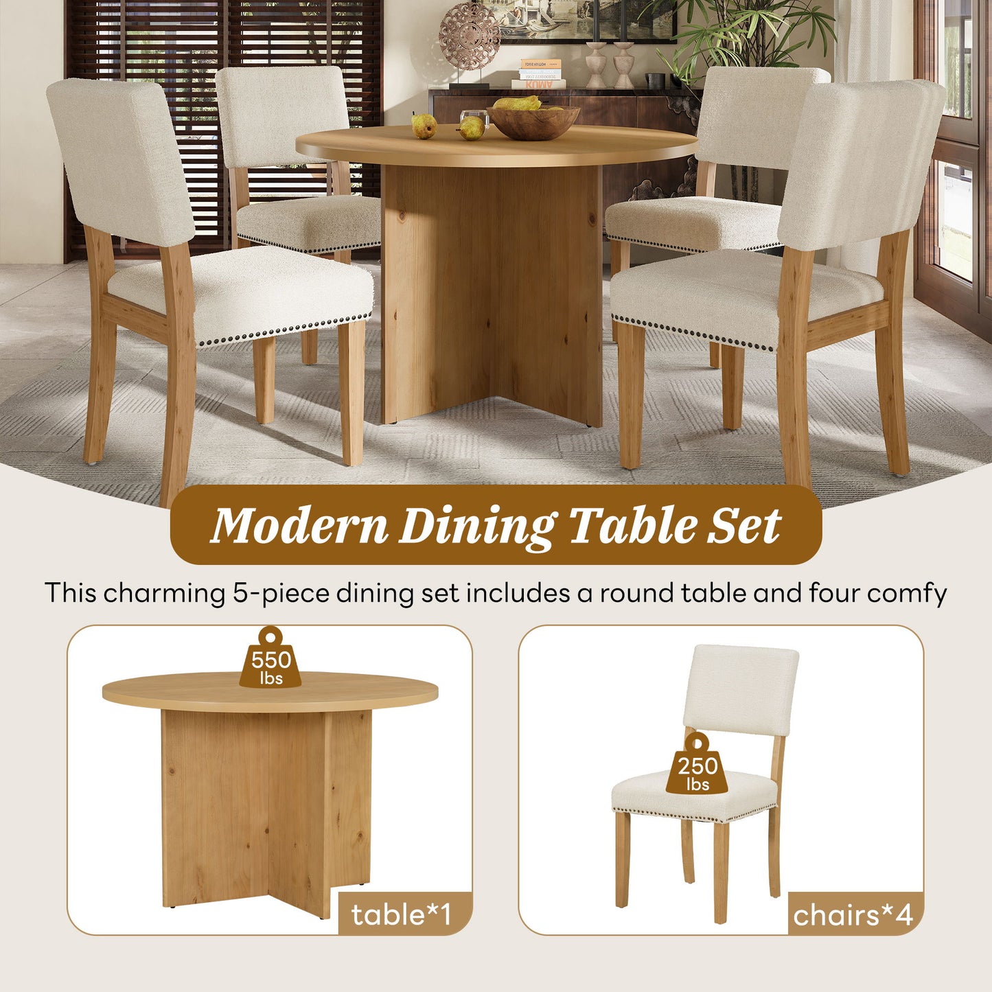 Topmax - 5 Piece Modern Round Dining Table Set Pedestal Kitchen Table Set With 4 Upholstered Dining Chairs For Studio, Apartment, Small Places