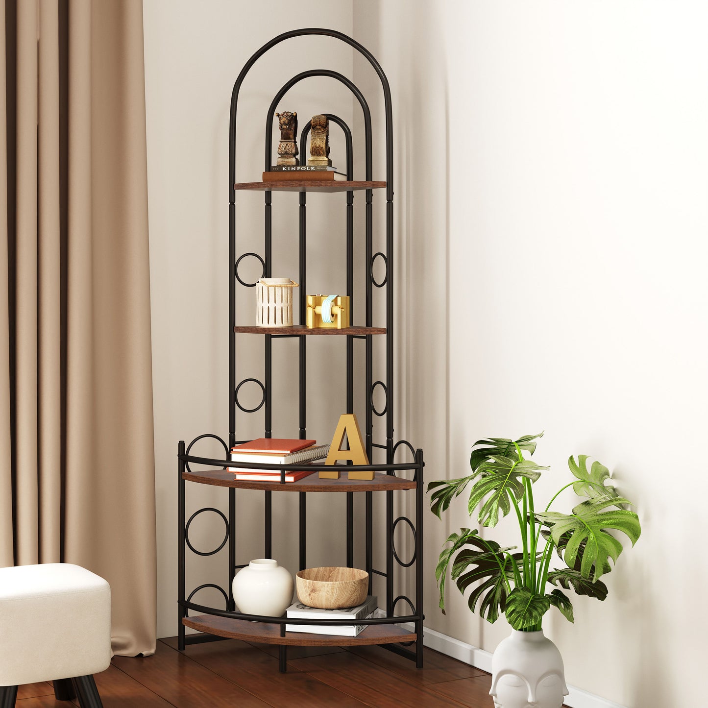 4 Tier Corner Bookshelf, Modern Style, Plant Stand With Metal Frame - Antique Brown / Black