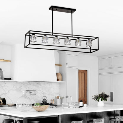 6 Light Farmhouse Chandelier, Modern Industrial Linear Rectangular Crystal Pendant Light Cage Chandelier For Dining Room, Kitchen Island, Bar, Long Table, G9*6 Bulbs Included - Matte Black