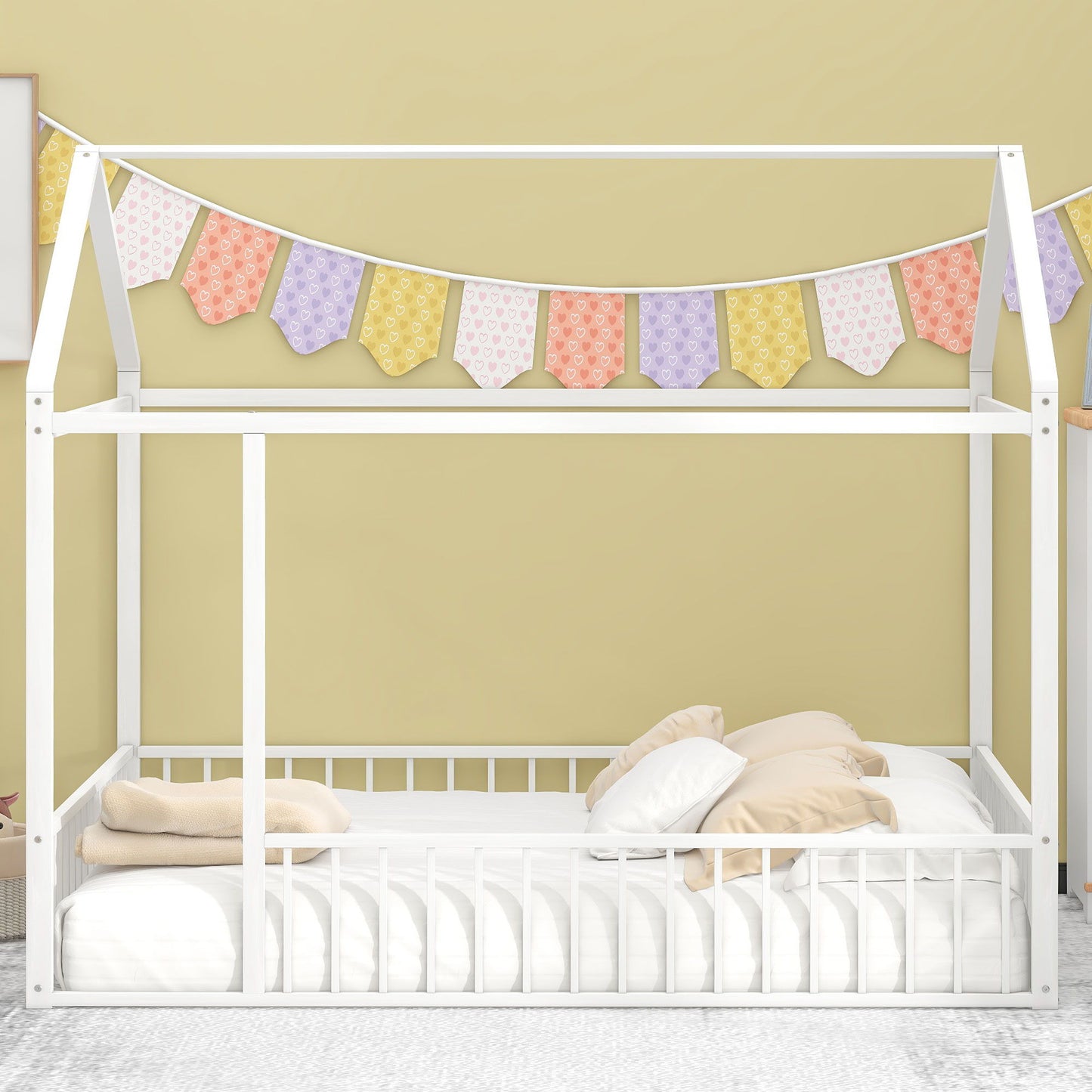 Metal Bed House Bed Frame With Fence, For Kids, Teens, Girls, Boys