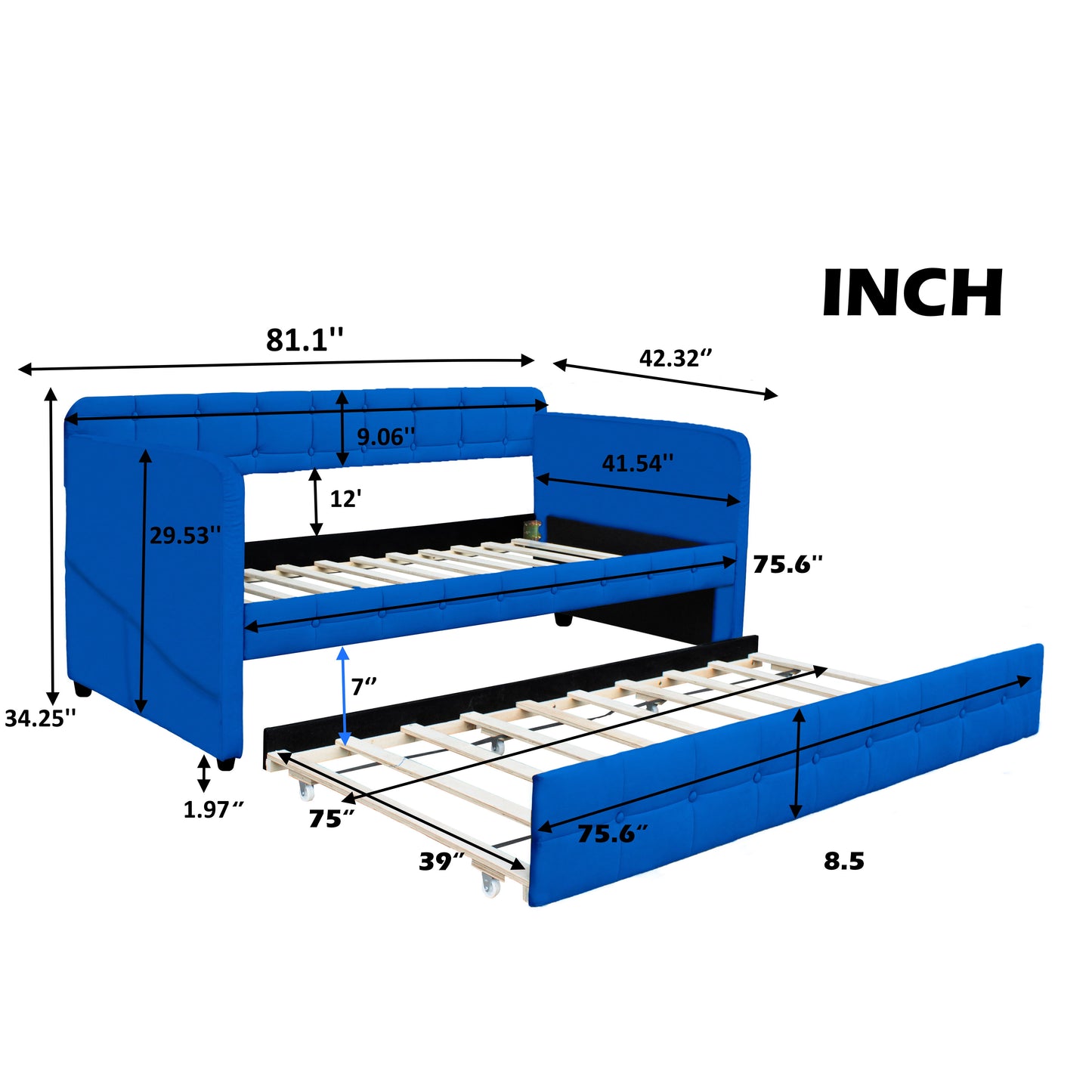 Upholstered Twin Size Daybed Bed Frame (Corner Bed) With Trundle, Velvet Fabric, Studding Design, No Box Spring Required