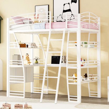 Loft Bed With 4 Layers Of Shelves And L-Shaped Desk, Stylish Metal Frame Bed With A Set Of Sockets, USB Ports And And Wireless Charging