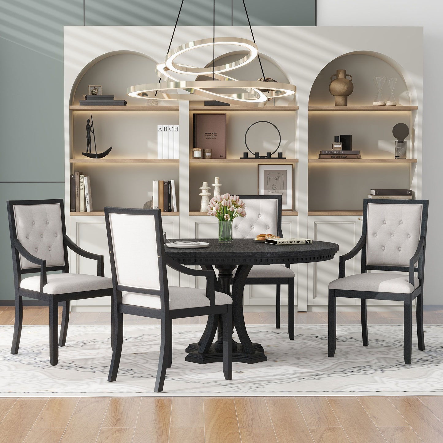 Dining Set Retro Extendable Round Table And Chairs For Kitchen Dining Room