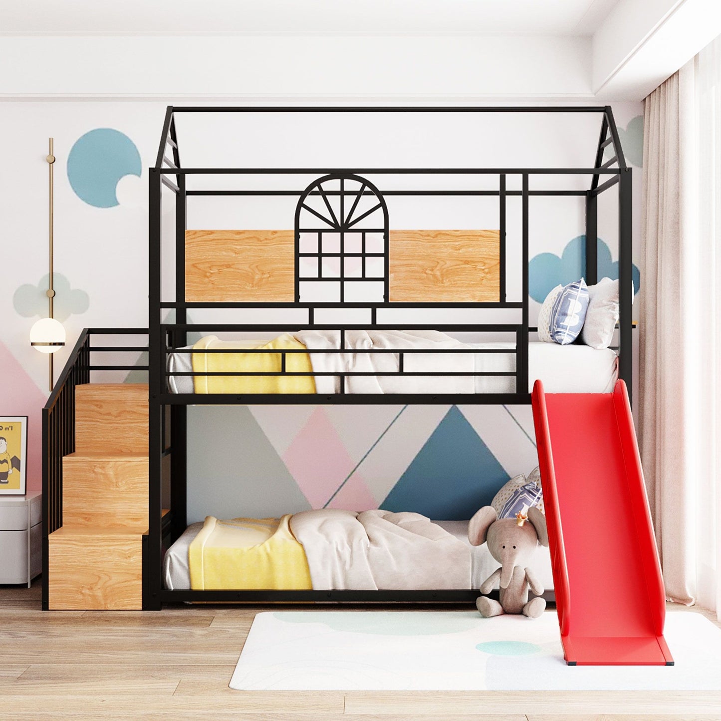 Metal Bunk Bed, Metal Housebed With Slide And Storage Stair