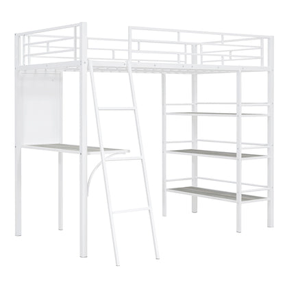 Loft Metal Bed With 3 Layers Of Shelves And Desk, Stylish Metal Frame Bed With Whiteboard