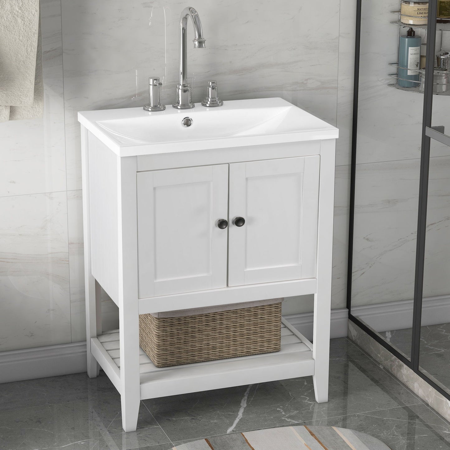 Modern Sleek Bathroom Vanity Elegant Ceramic Sink With Solid Wood Frame Open Style Shelf - White