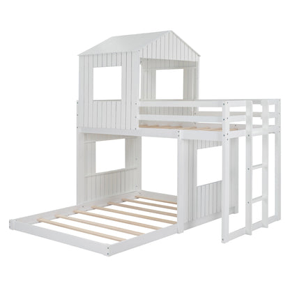 Wooden Twin Over Full Bunk Bed, Loft Bed With Playhouse, Farmhouse, Ladder And Guardrails - White