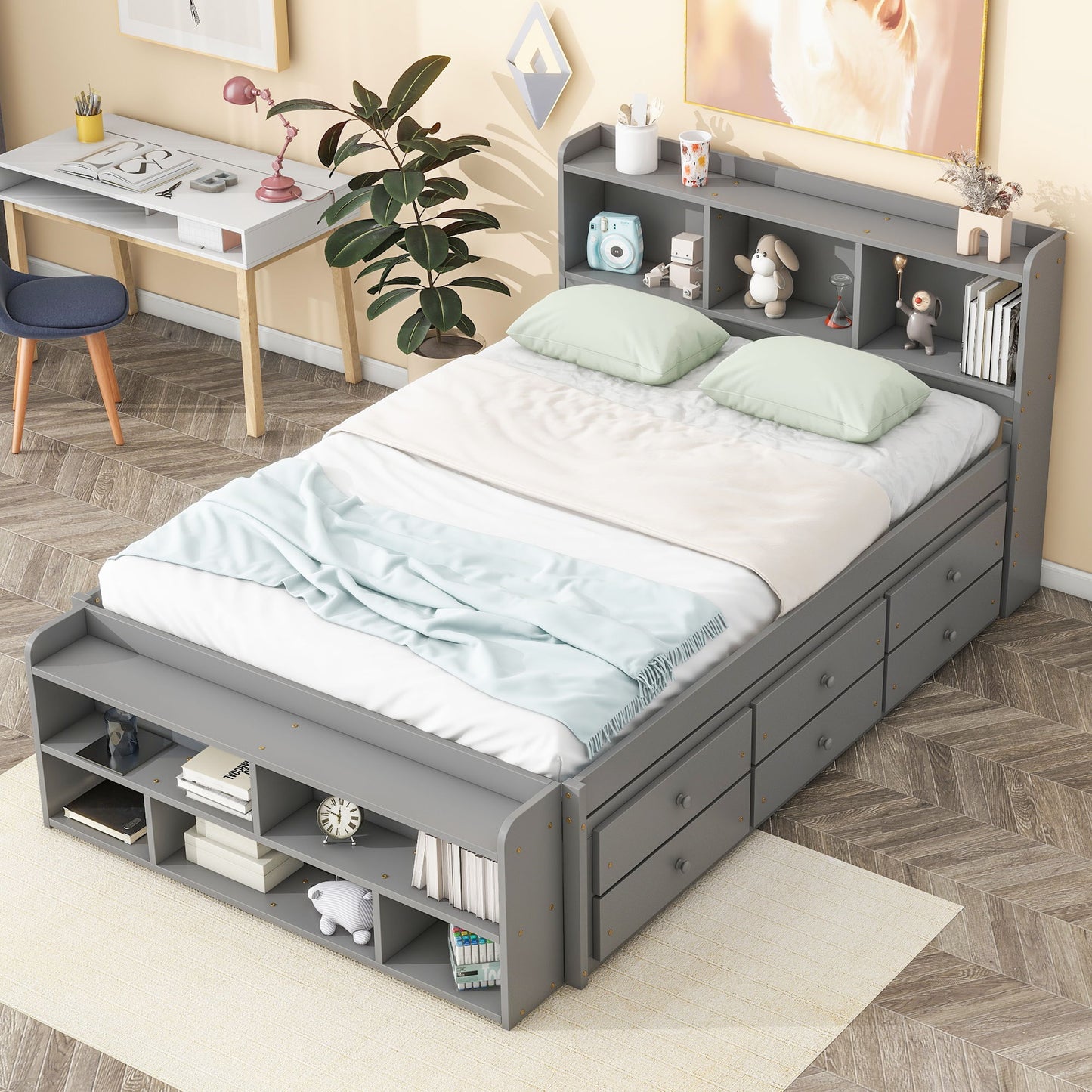 Bed With Bookcase Headboard, Under Bed Storage Drawers And Bed End Storage Case