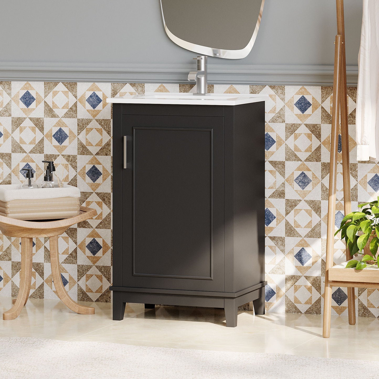 Modern Small Bathroom Vanity Cabinet With Ceramic Basin, Ample Storage, 1 Soft Close Door