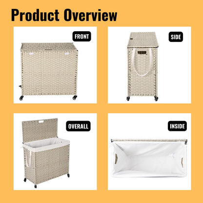 Laundry Hamper With Lid PE Rattan Powder Coating Frame Clothes Hampers With 2 Removable Bags