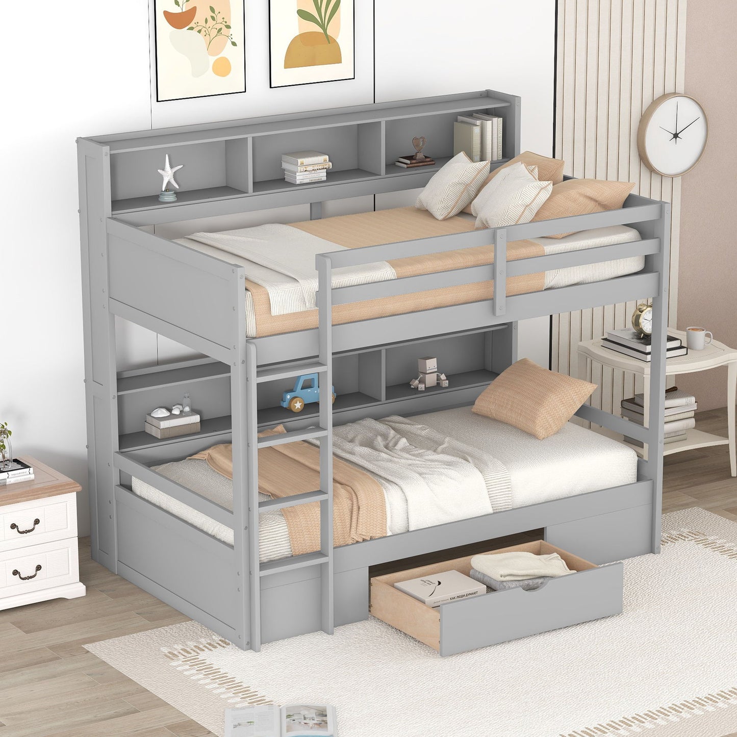 Twin Size Bunk Bed With Built-In Shelves Beside Both Upper And Down Bed And Storage Drawer