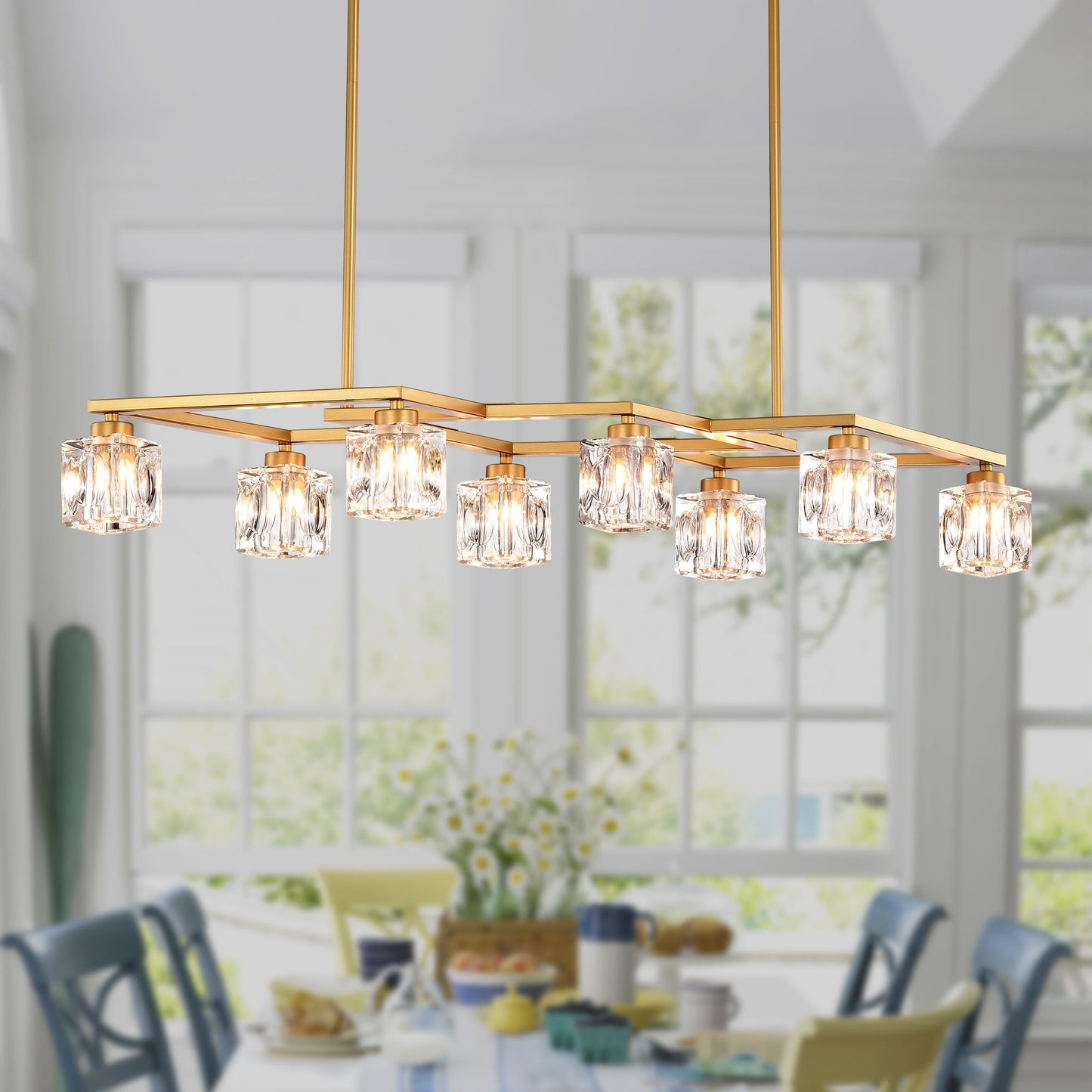 Crystal Chandelier For Dining Room, 8 Light Kitchen Chandelier Light Fixture Modern Metal Industrial Chandeliers For Farmhouse Entryway Living Room (8*G9 Bulbs Included) - Matte Gold