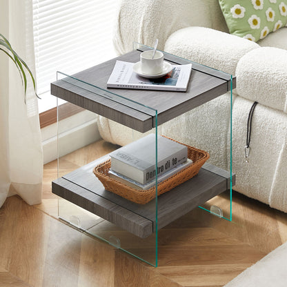 Sleek And Sturdy Tempered Glass Leg Side Table With Dual MDF Shelves, Modern Nightstand End Table For Living Roon, Bedroom - Transparent / Gray