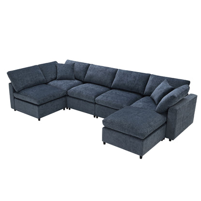 Modern Modular Cloud Sofa Bed, 6 Seat Chenille Sectional Couch Set With Ottoman, Free Combination, Convertible U Shaped Sleeper Sofa For Living Room