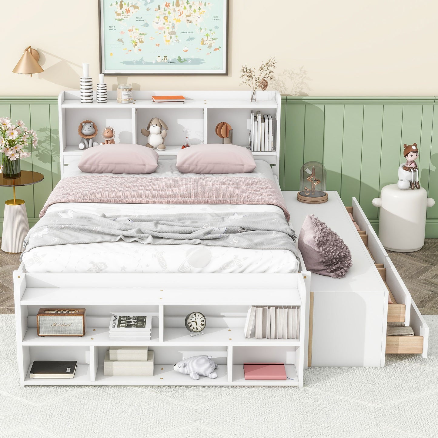 Bed With Bookcase Headboard, Under Bed Storage Drawers And Bed End Storage Case