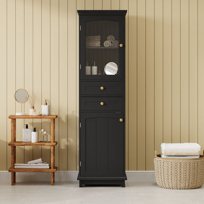 Tall Bathroom Storage Cabinet With Glass Doors, Free-Standing, Two Drawers, And Adjustable Shelves, MDF Board, Painted Perfect For Displaying Your Favorite Items