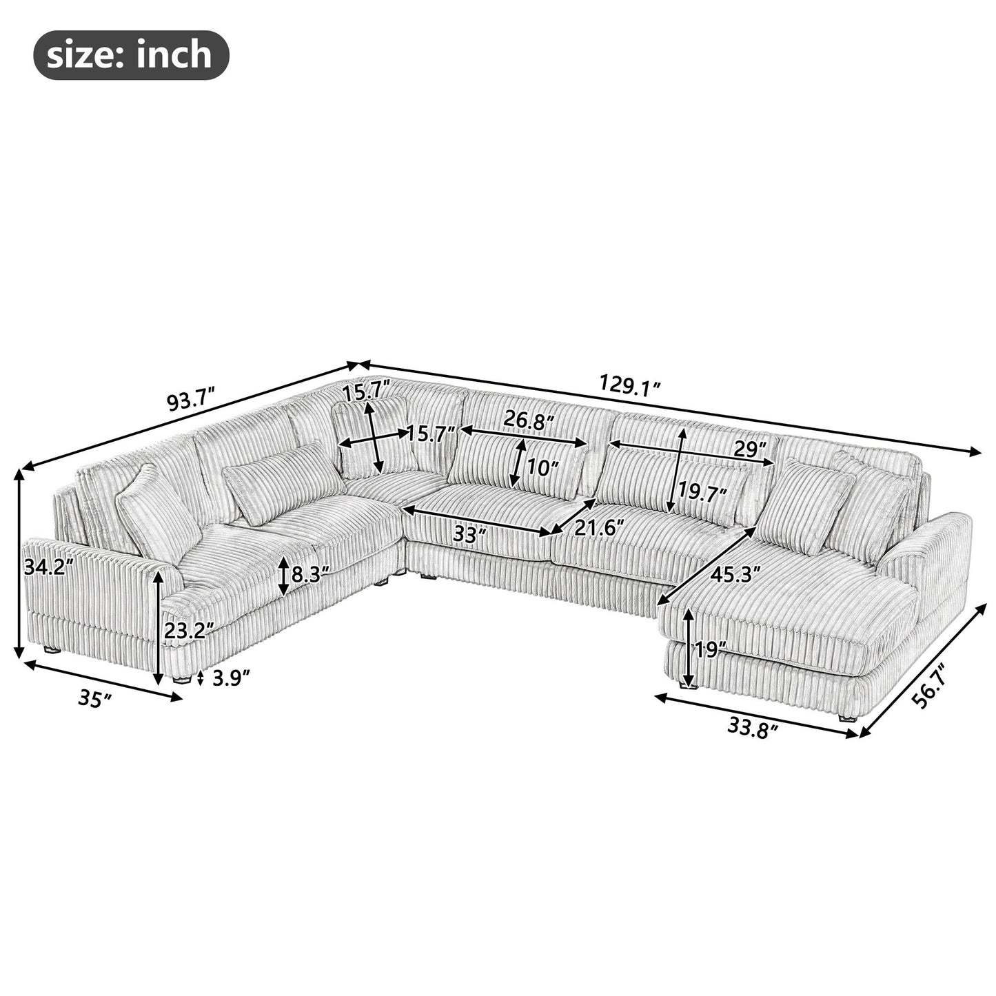 Oversized Sectional Sofa U - Shaped Sofa Couch Modern Sofa Upholstered In Soft Corduroy With A Chaise Lounge For Living Room