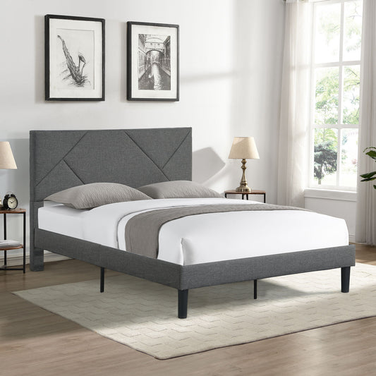 Full Size Upholstered Platform Bed Frame With Headboard, Strong Wood Slat Support, Mattress Foundation, No Box Spring Needed - Gray