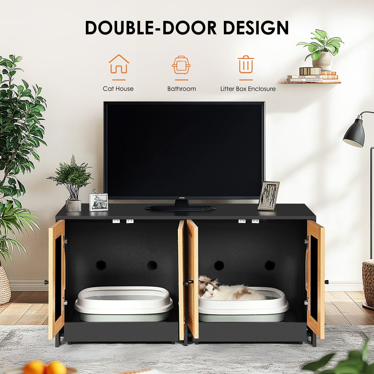 Double Litter Box Enclosure, Cat Litter Box Enclosure For 2 Cats, Hidden Litter Box Furniture With Rattan Doors - Black