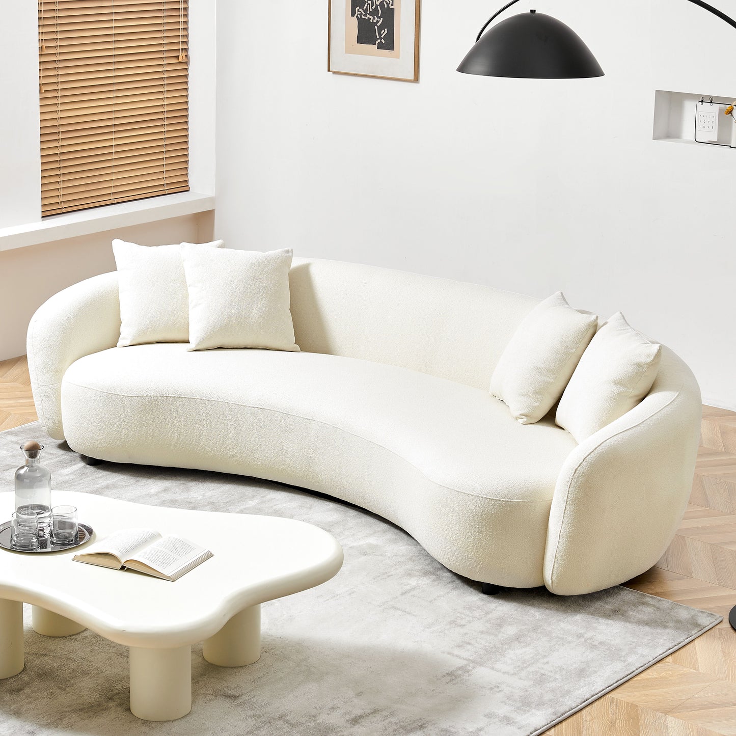 Modern Curved Sofa Mid-Century Comfy Half Moon Teddy Fabric Couch, 101" Upholstered With 4 Throw Pillows For Living Room - White