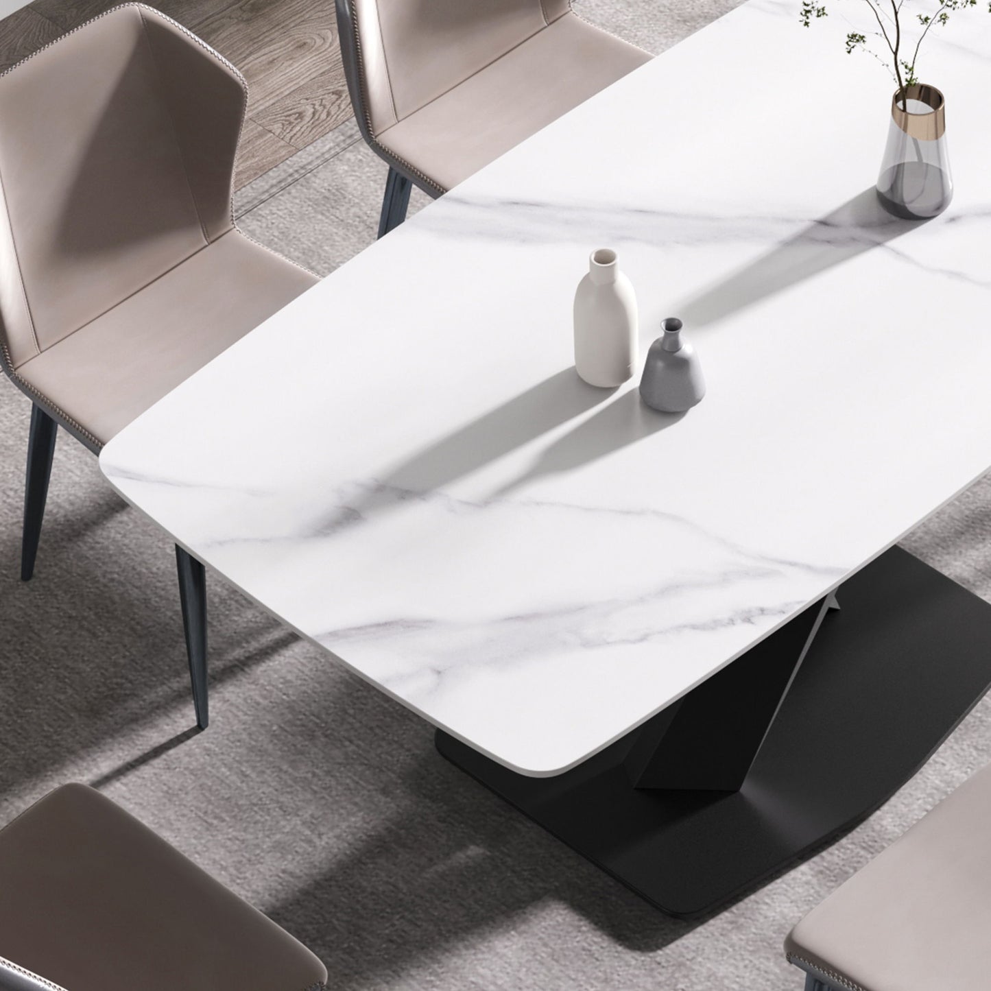 70.87" Modern Artificial Stone White Curved Black Metal Leg Dining Table, Can Accommodate 6-8 People - White / Black