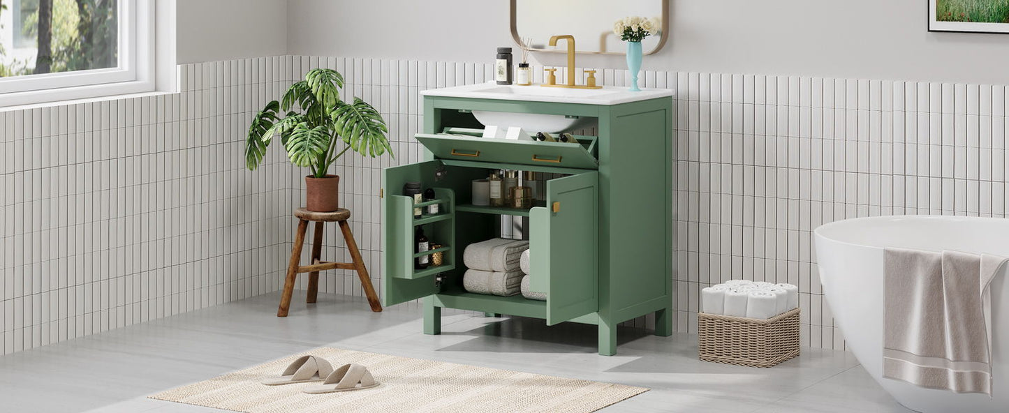 Bathroom Vanity With Ceramic Sink, Modern Single Bathroom Cabinet With 2 Doors And A Shelf, Soft Close Doors