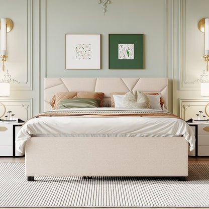 Upholstered Platform Bed With Brick Pattern Headboard And Twin Long Size Trundle