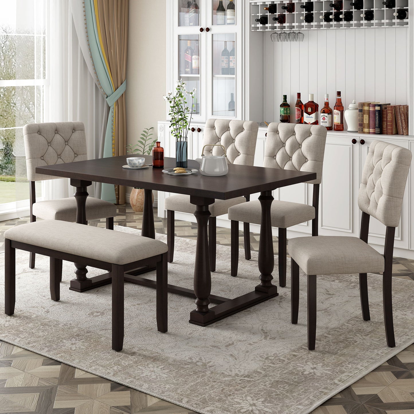 6 Piece Dining Table And Chair Set With Special-Shaped Legs And Foam-Covered Seat Backs&Cushions For Dining Room