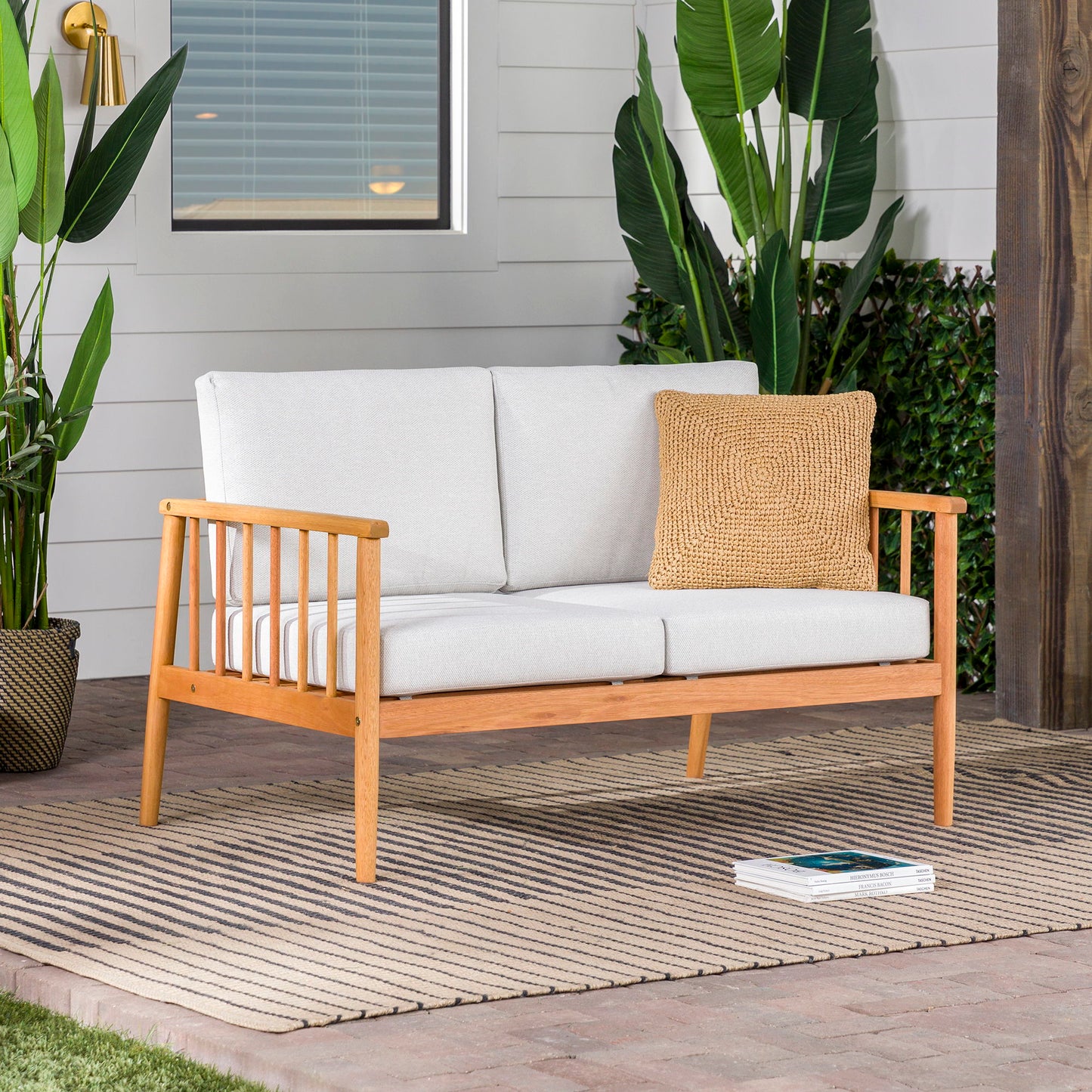 Contemporary Cushioned Eucalyptus Wood Patio Loveseat - Natural