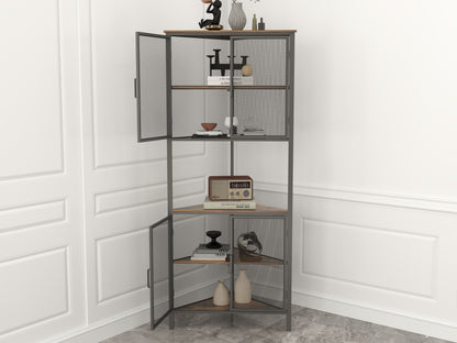 5 Tier Shelves With Metal Mesh Door, Bookcase Storage Shelf Corner Shelf For Small Space, Living Room - Black / Brown