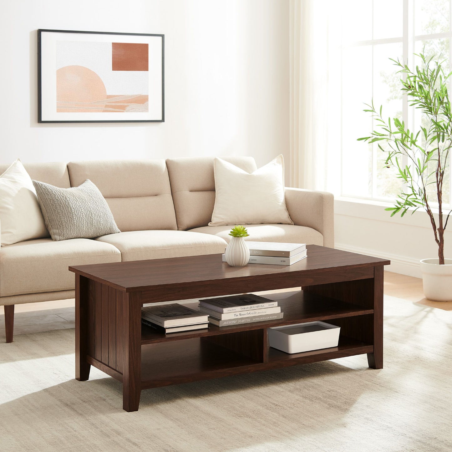 Coastal Grooved Panel Coffee Table With Lower Shelf