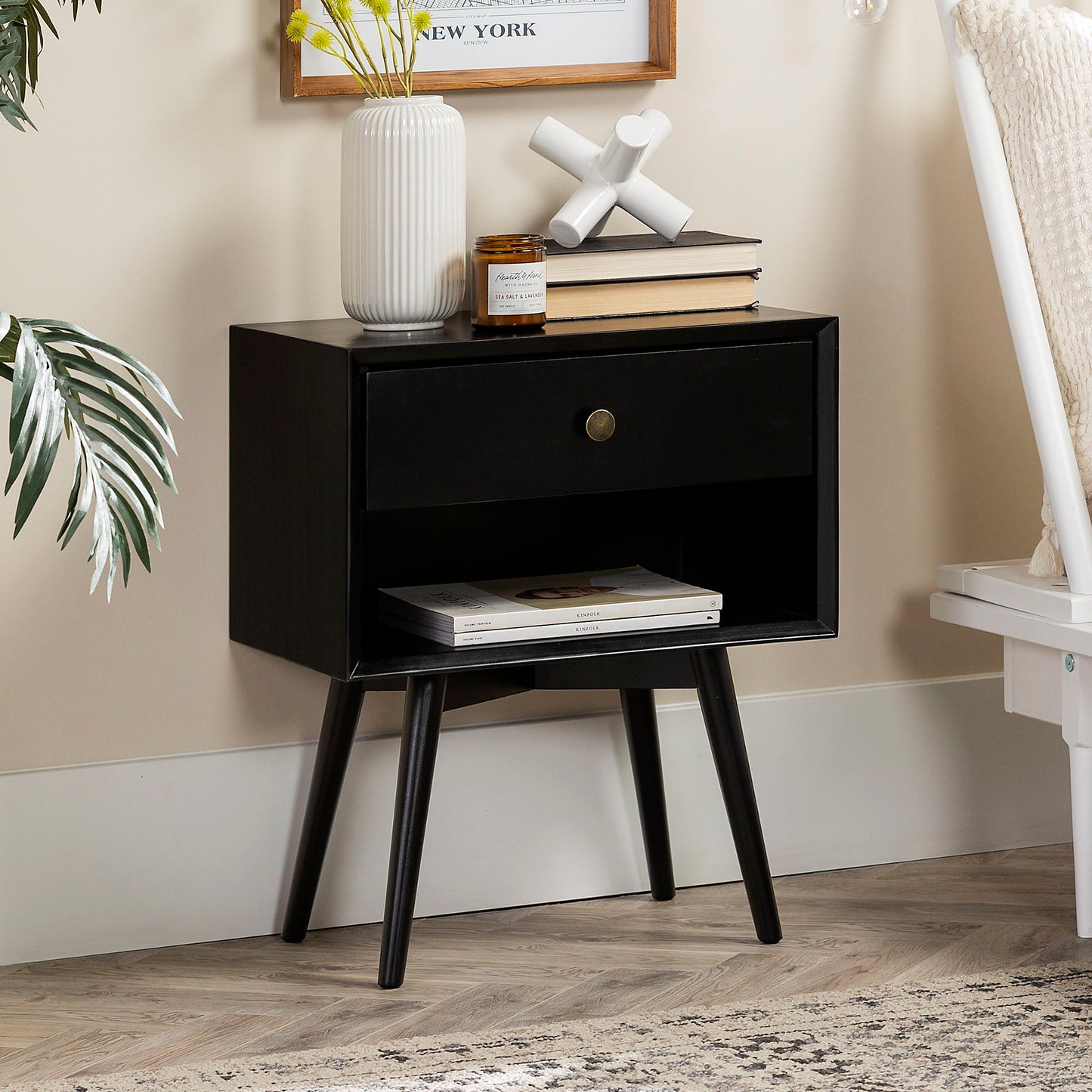 Mid-Century Modern Single Drawer Solid Wood Nightstand