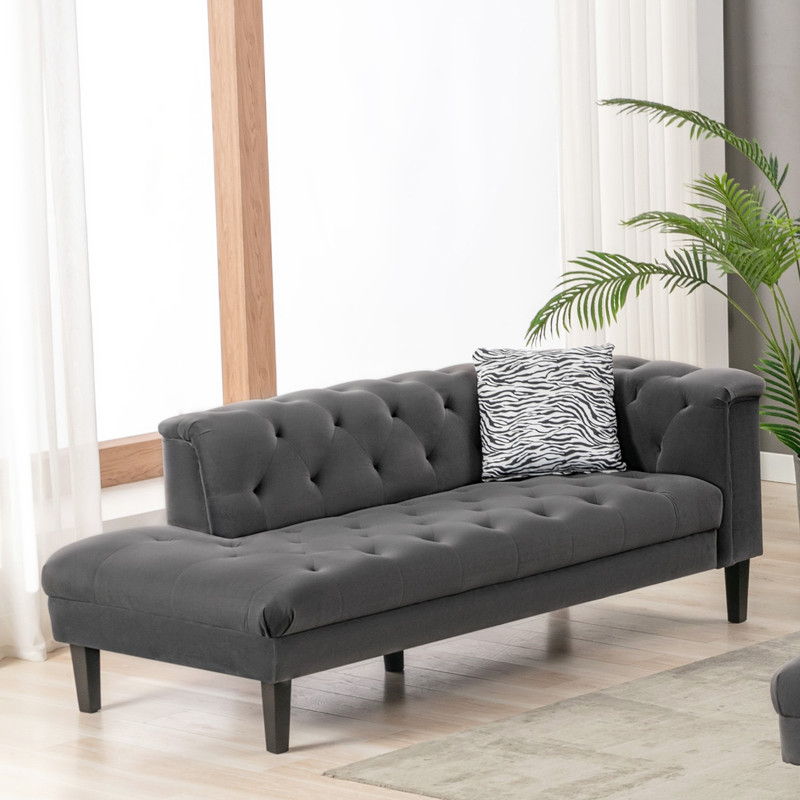 Mary - Velvet Tufted Chaise With 1 Accent Pillow - Dark Gray