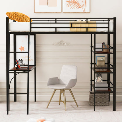 Loft Metal Bed With 3 Layers Of Shelves And Desk, Stylish Metal Frame Bed With Whiteboard