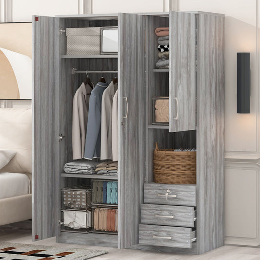 2 Doors Wooden Wardrobe Storage For Bedroom, With Shelves And 3 Drawers