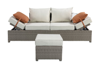 Salena - All Weather Wicker Patio Sofa & Ottoman With 2 Toss Pillows - Beige / Gray