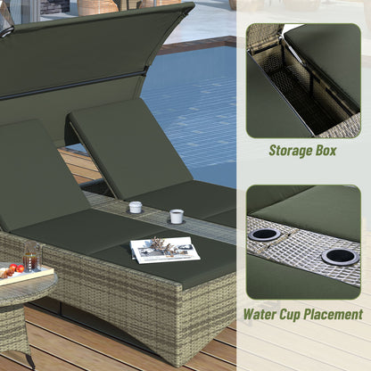 Patio Daybed Outdoor Daybed Sun Lounger With Shelter Roof With Adjustable Backrest, Storage Box And 2 Cup Holders For Patio, Balcony, Poolside