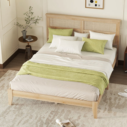 Queen Size Rubber Wooden, Solid Wooden Bed With Rattan Headboard, Enhanced By Support Feet - Natural