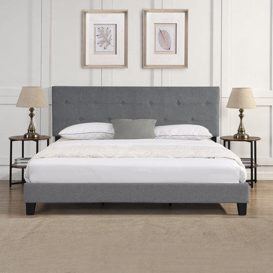 King Size Upholstered Platform Bed Frame With Button Tufted Linen Fabric Headboard, No Box Spring Needed, Wood Slat Support