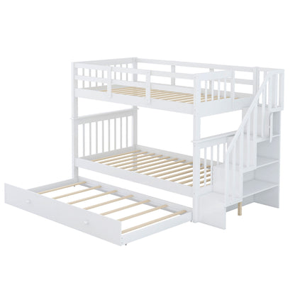 Stairway Bunk Bed With Twin Size Trundle, Storage And Guard Rail For Bedroom, Dorm