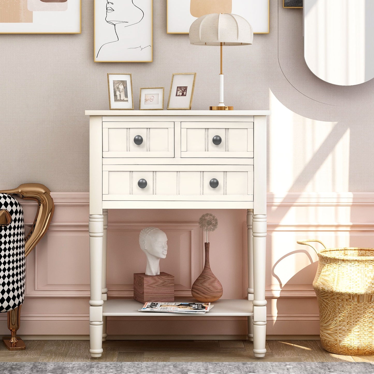 Narrow Console Table, Slim Sofa Table With Three Storage Drawers And Bottom Shelf