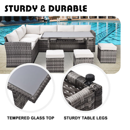 7 Pieces Outdoor Sectional Conversation Sofa With Dining Table, Chairs And Ottomans, All Weather, With Backrest And Removable Cushions