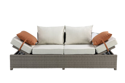 Salena - All Weather Wicker Patio Sofa & Ottoman With 2 Toss Pillows - Beige / Gray