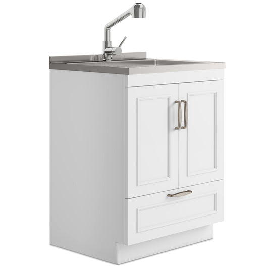 Laundry Cabinet With Faucet And Stainless Steel Sink - White