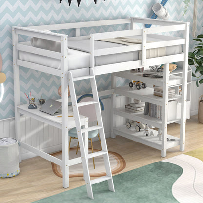 Twin Loft Bed With Desk, Ladder, Shelves