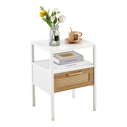 Rattan End Table With Drawer, Modern Nightstand, Metal Legs, Side Table For Living Room, Bedroom