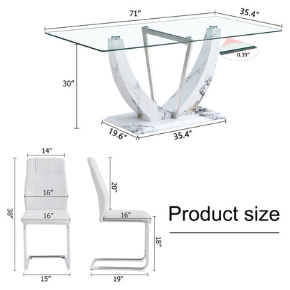 Table And Chair Set, Large Modern Rectangular Glass Table, Can Accommodate 6-8 People, Equipped With A 0.39" Tempered Glass Tabletop And MDF Table Legs.Paired With Comfortable And Soft Chairs - White / Pearl Silver