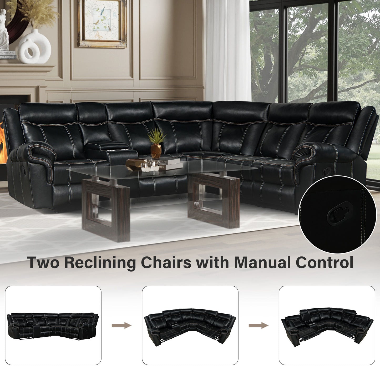 Home Theater Seating Manual Recliner With Cup Holder, Hide - Away Storage, 2 USB Ports And 2 Power Sockets For Living Room, Home Theater